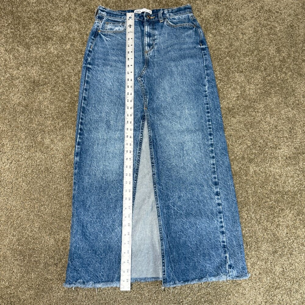 Zara Maxi Denim Skirt Womens XS Y2K Jean Blue Front Slit Streetwear Frayed 90s - Picture 8 of 14